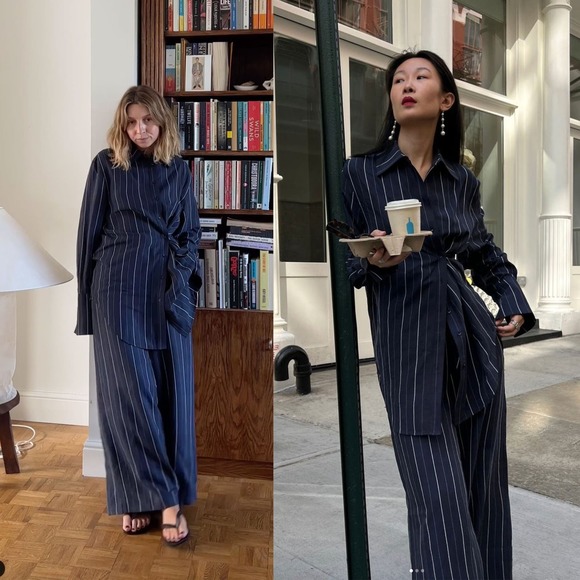 ALIGNE Tops - ALIGNE Pinstripe Lyocell Linen Wrap Front Shirt and Wide Leg Pants Sets Size 2